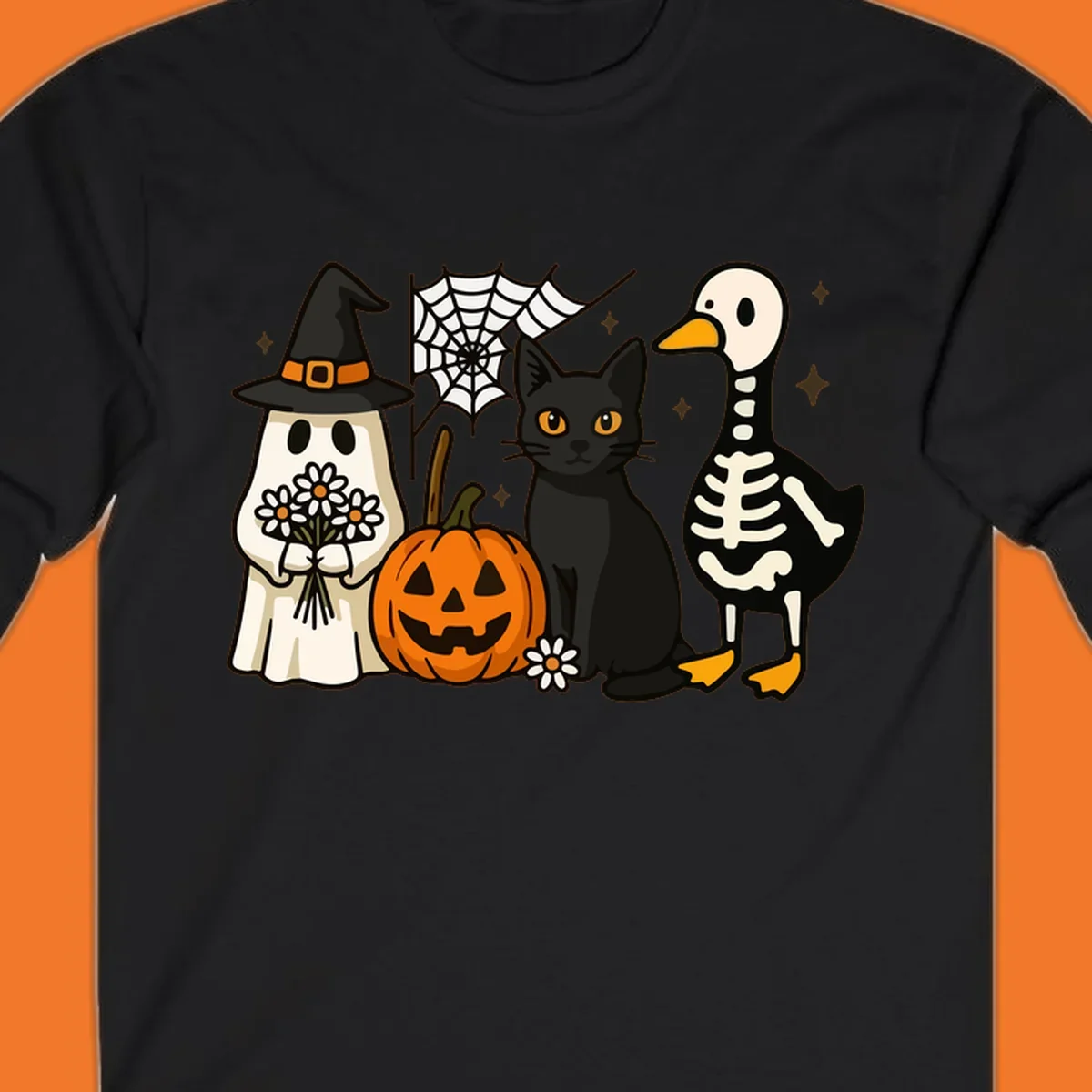 Cute Halloween critters ghost, cat, pumpkin, and skeleton duck illustration.