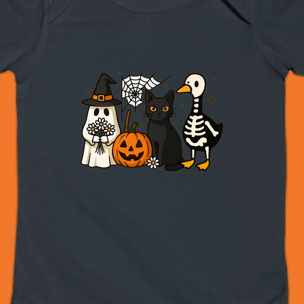 Cute Halloween critters ghost, cat, pumpkin, and skeleton duck illustration.