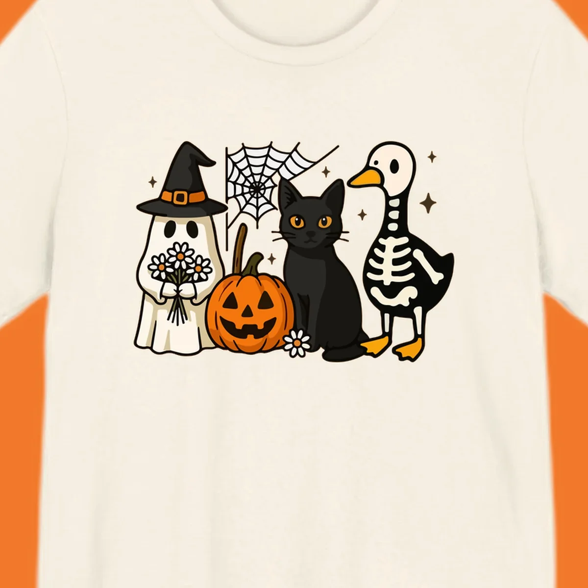 Cute Halloween critters ghost, cat, pumpkin, and skeleton duck illustration.
