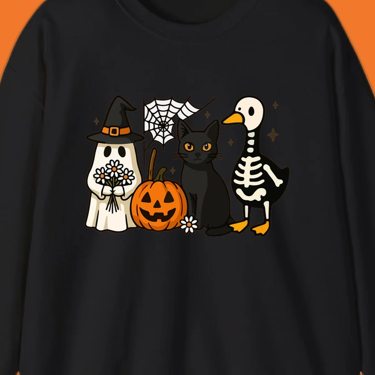 Cute Halloween critters ghost, cat, pumpkin, and skeleton duck illustration.