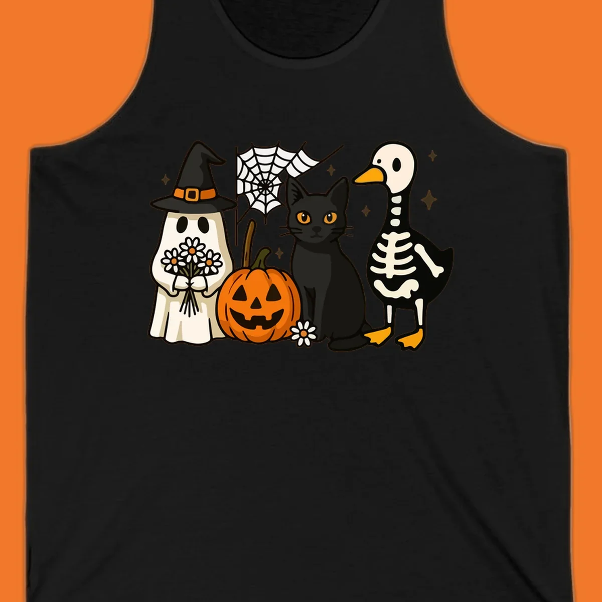 Cute Halloween critters ghost, cat, pumpkin, and skeleton duck illustration.