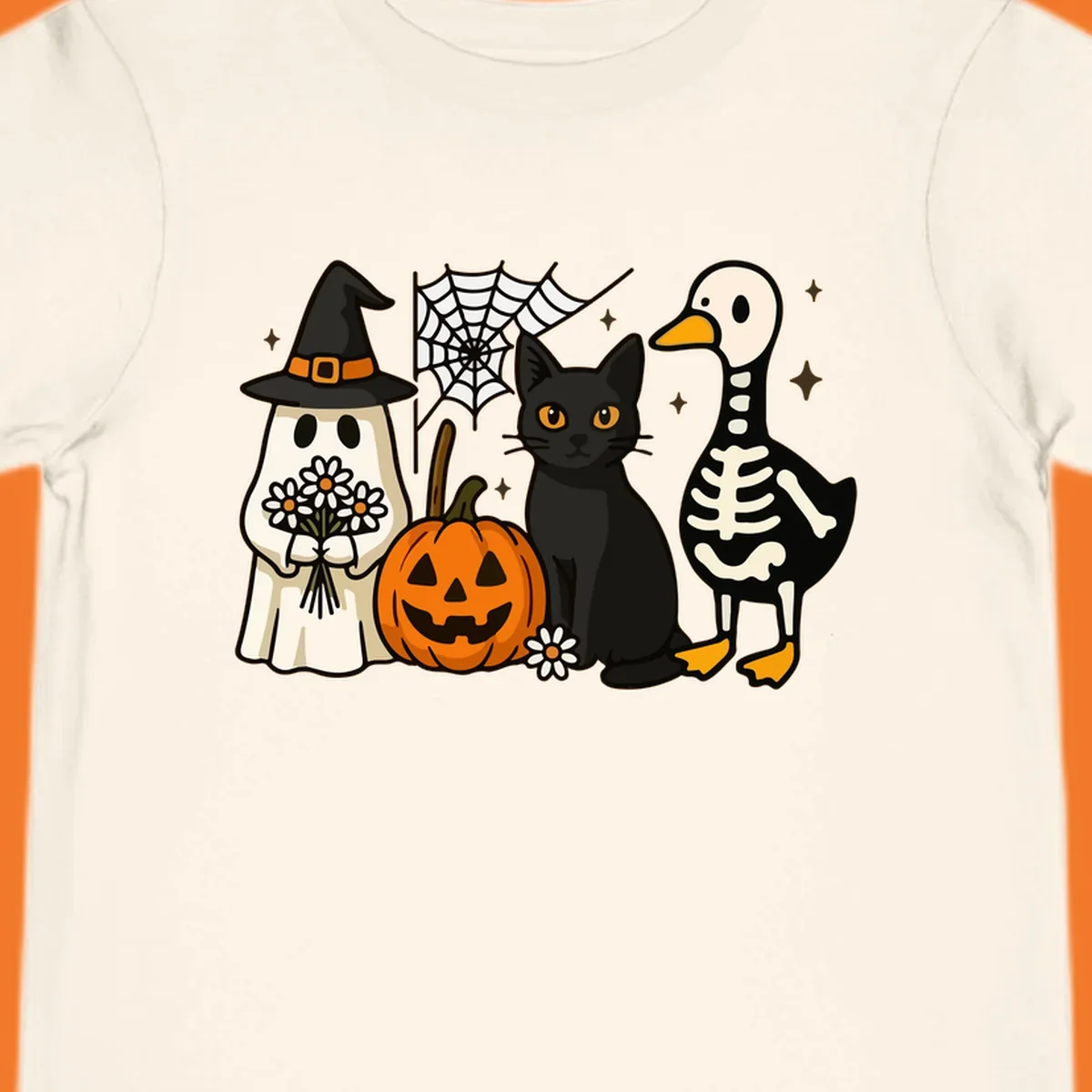 Cute Halloween critters ghost, cat, pumpkin, and skeleton duck illustration.