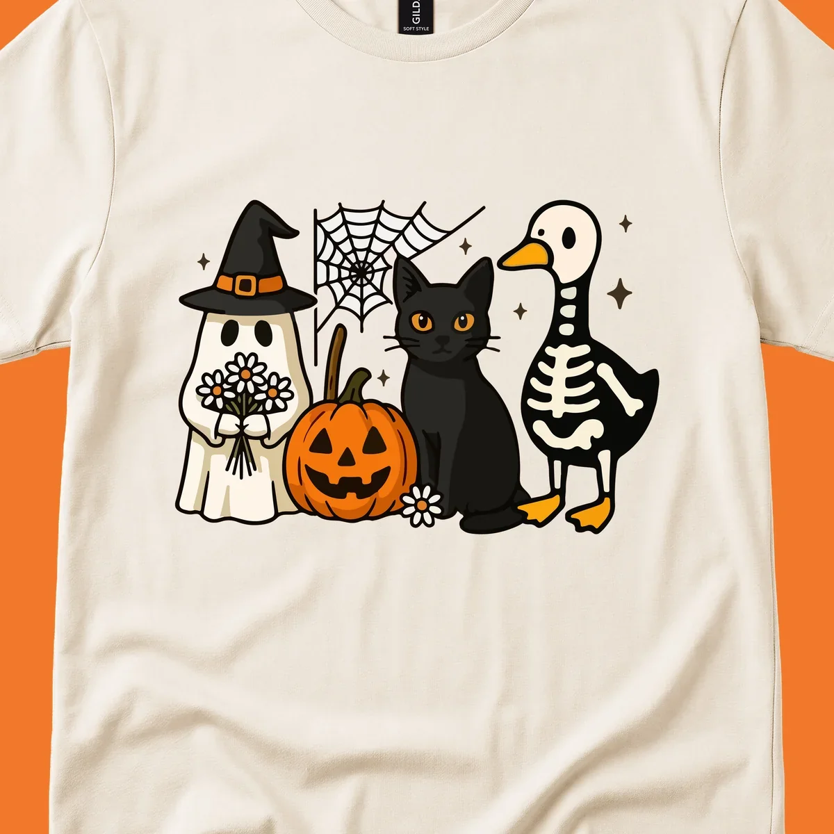 Cute Halloween critters ghost, cat, pumpkin, and skeleton duck illustration.
