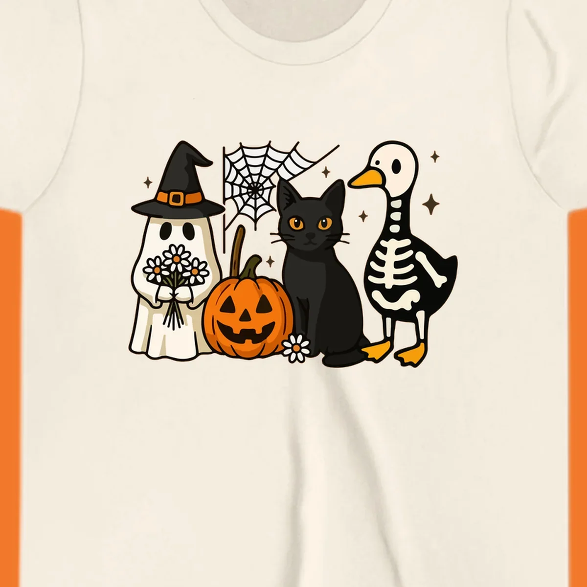 Cute Halloween critters ghost, cat, pumpkin, and skeleton duck illustration.