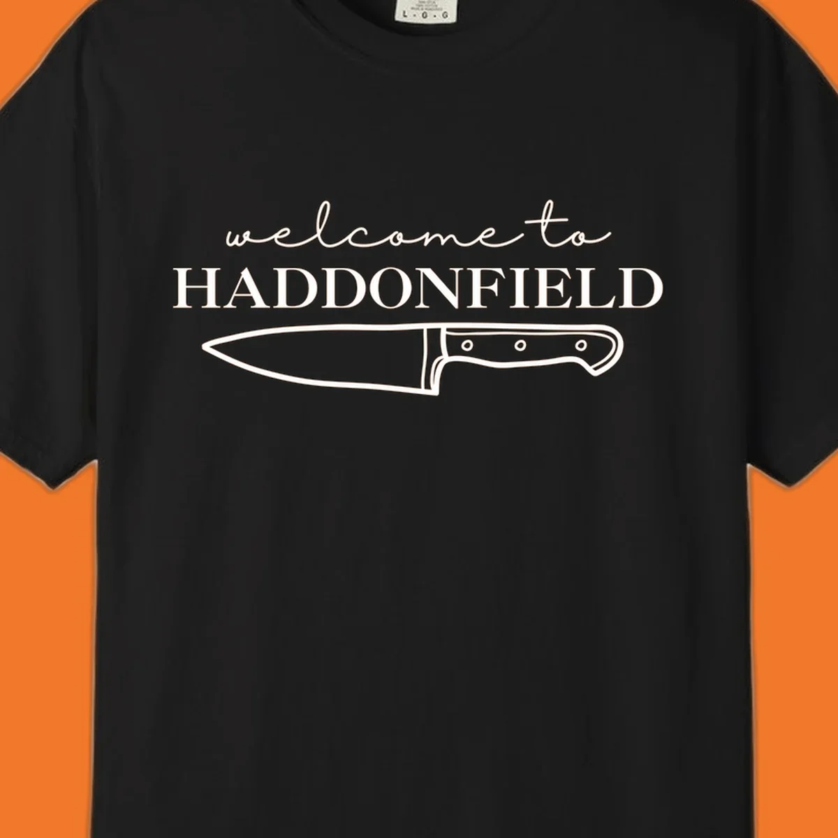 Welcome to Haddonfield text with a knife illustration, Halloween horror movie theme.