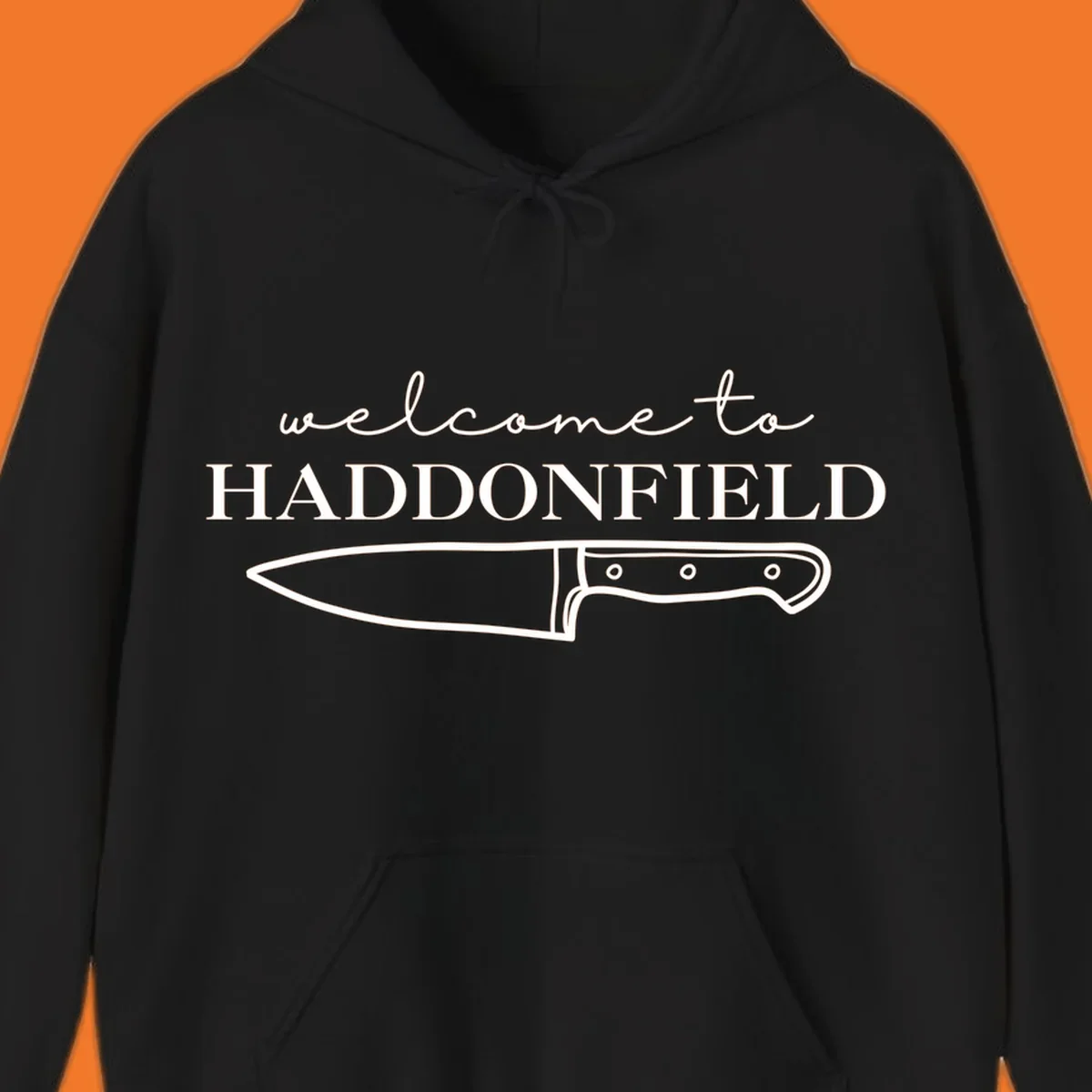 Welcome to Haddonfield text with a knife illustration, Halloween horror movie theme.