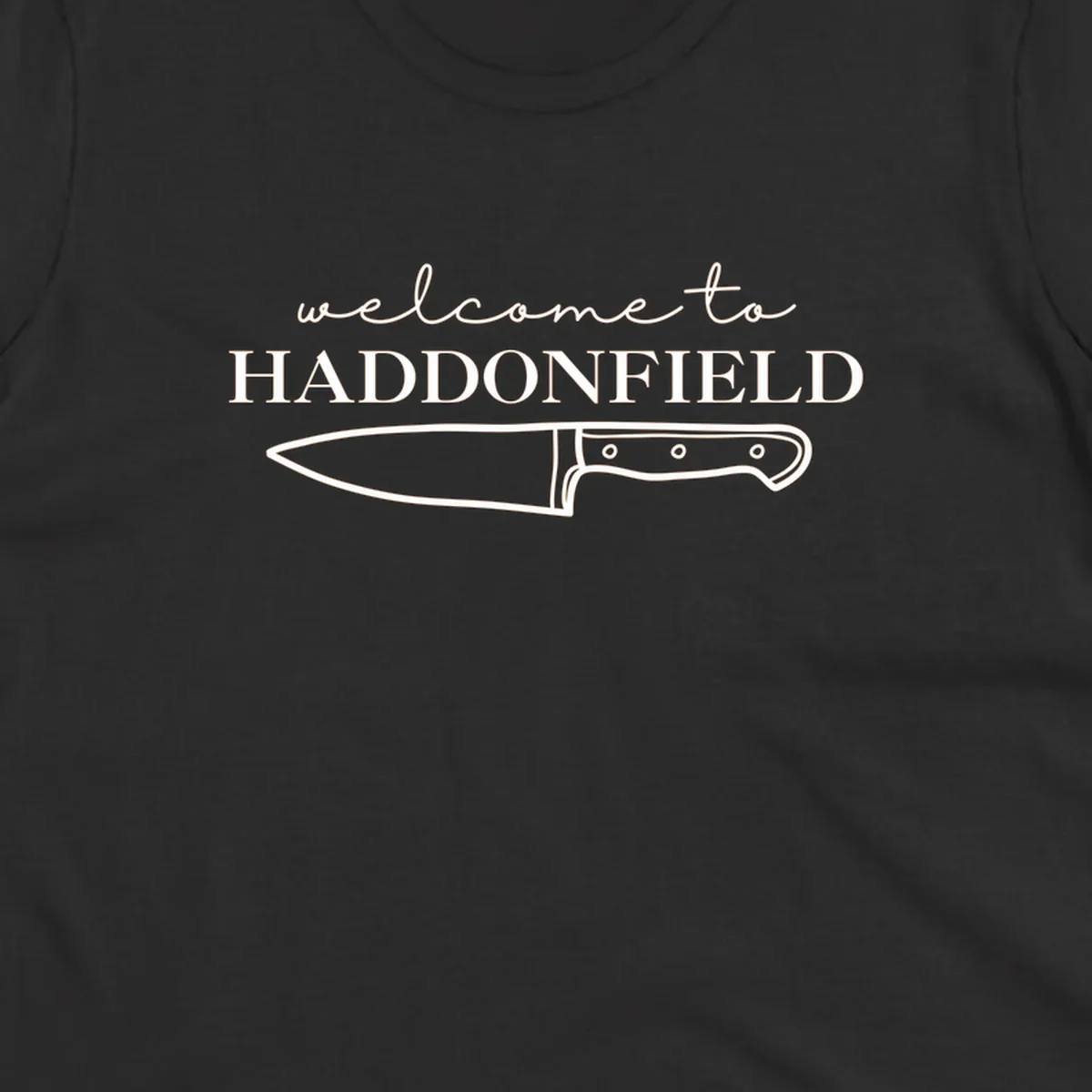 Welcome to Haddonfield text with a knife illustration, Halloween horror movie theme.