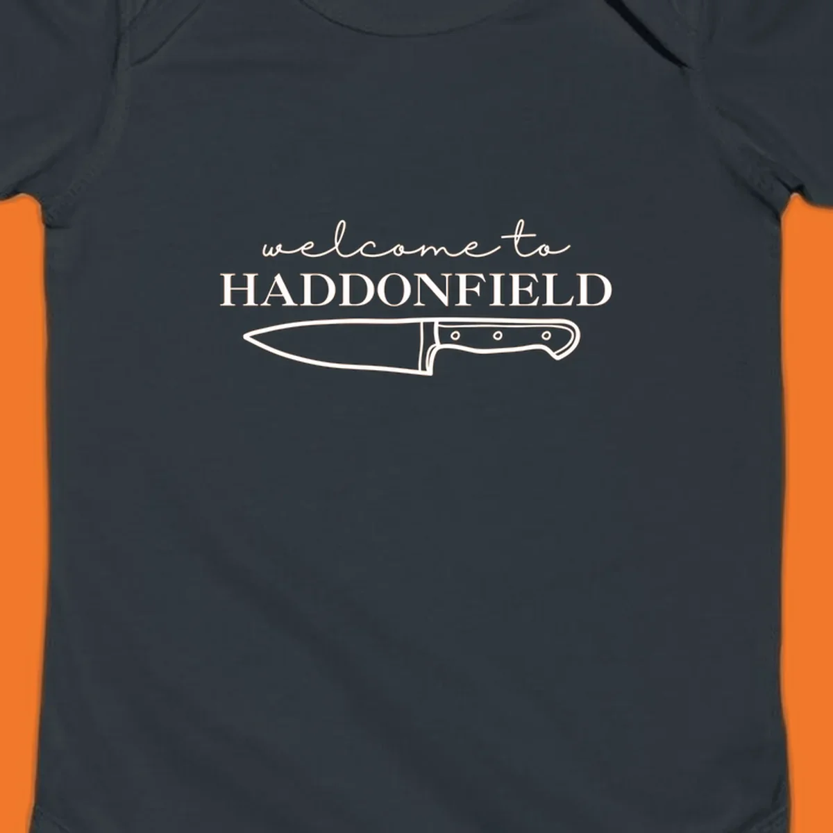 Welcome to Haddonfield text with a knife illustration, Halloween horror movie theme.