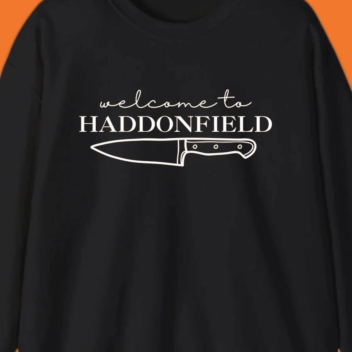 Welcome to Haddonfield text with a knife illustration, Halloween horror movie theme.