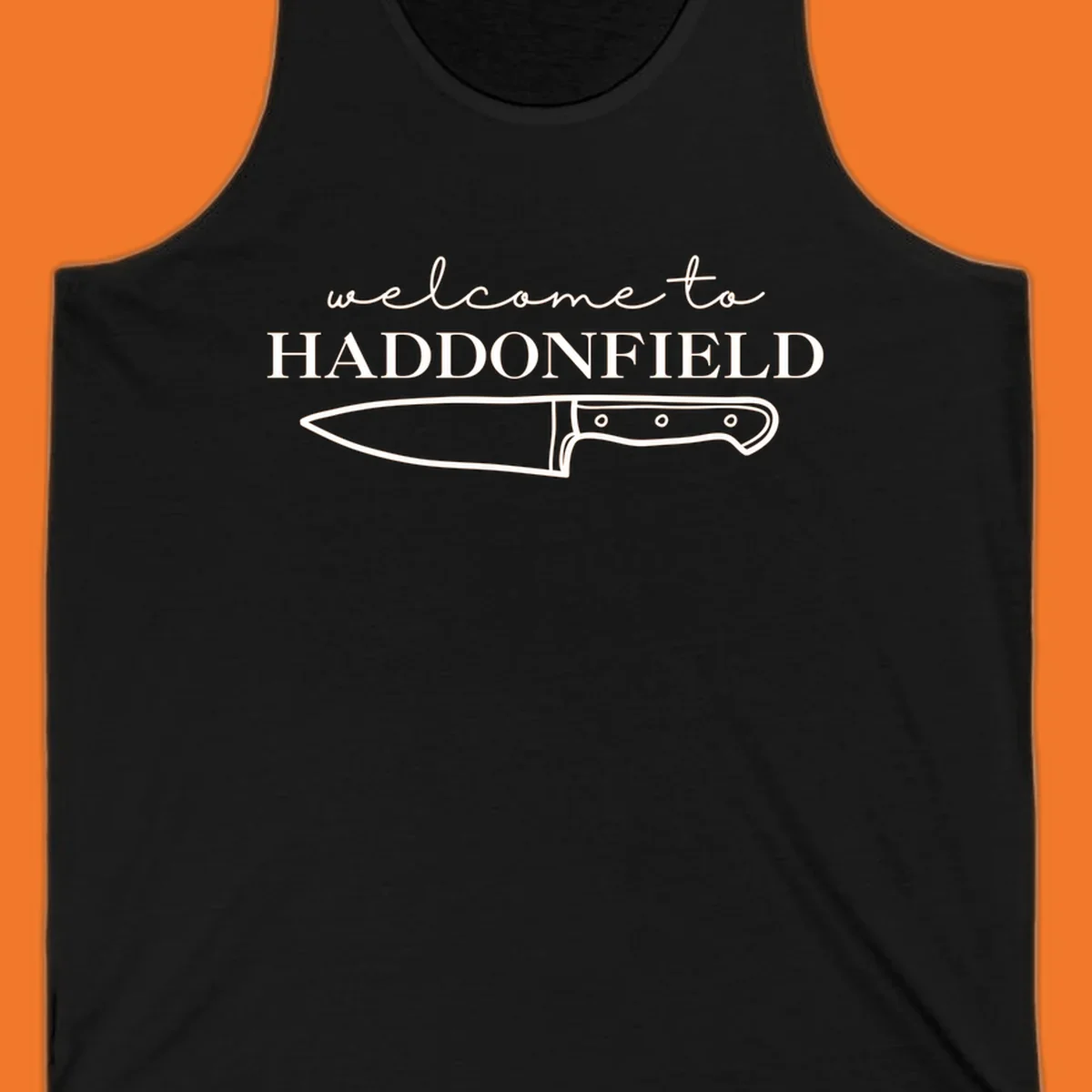 Welcome to Haddonfield text with a knife illustration, Halloween horror movie theme.