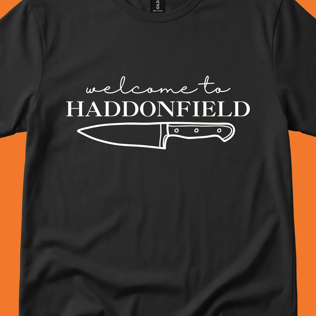 Welcome to Haddonfield text with a knife illustration, Halloween horror movie theme.