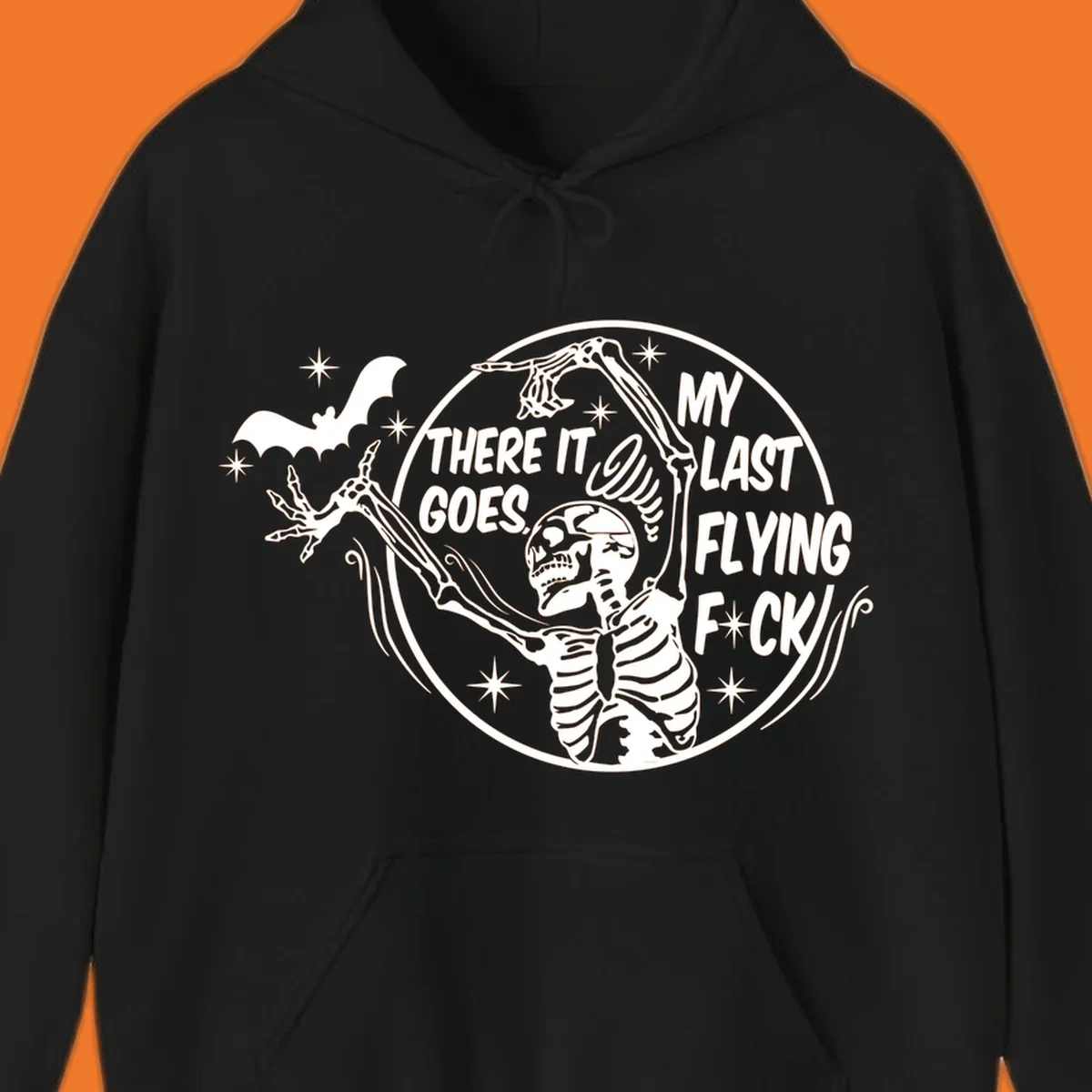 Skeleton letting go of a bat with text 'My Last Flying F*ck', Halloween graphic.