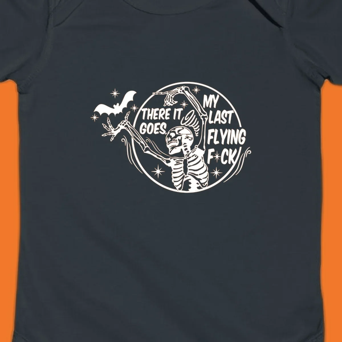 Skeleton letting go of a bat with text 'My Last Flying F*ck', Halloween graphic.