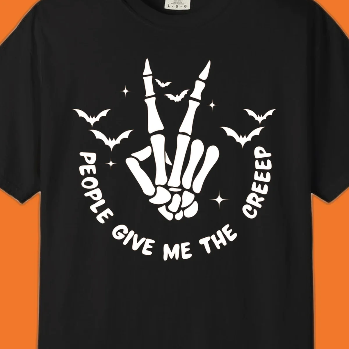 Skeleton hand peace sign with bats and text 'People Give Me The Creeper', Halloween creeper hand design.