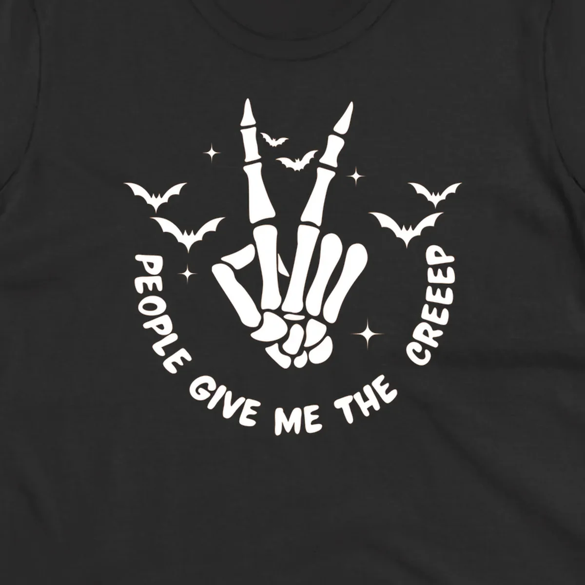 Skeleton hand peace sign with bats and text 'People Give Me The Creeper', Halloween creeper hand design.