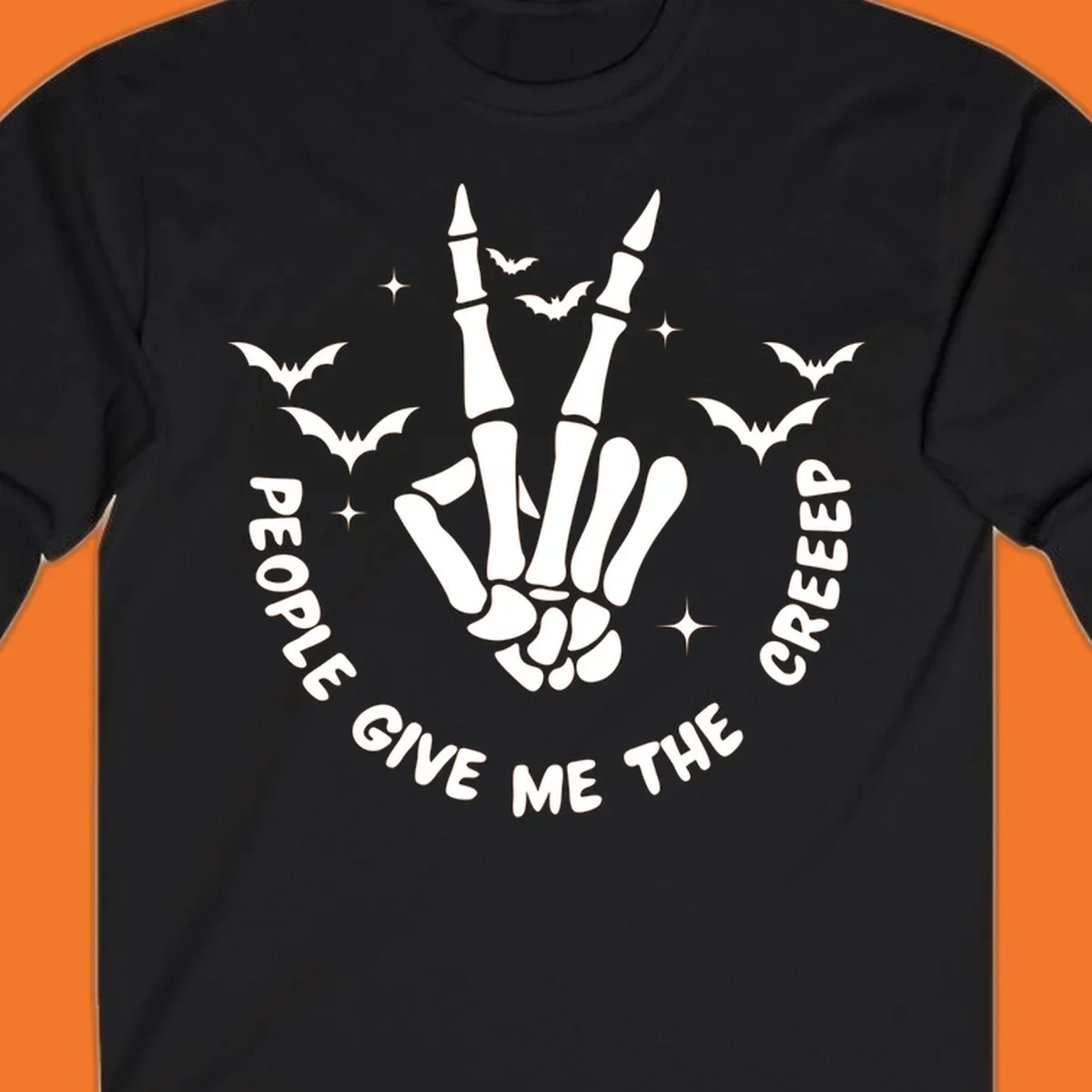 Skeleton hand peace sign with bats and text 'People Give Me The Creeper', Halloween creeper hand design.