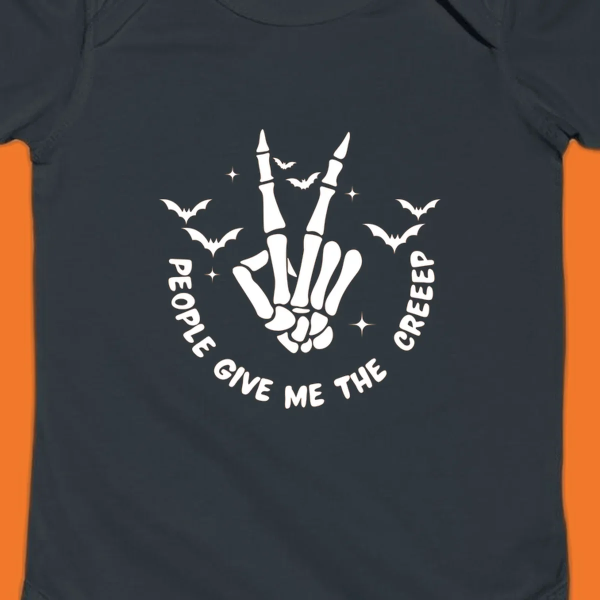 Skeleton hand peace sign with bats and text 'People Give Me The Creeper', Halloween creeper hand design.