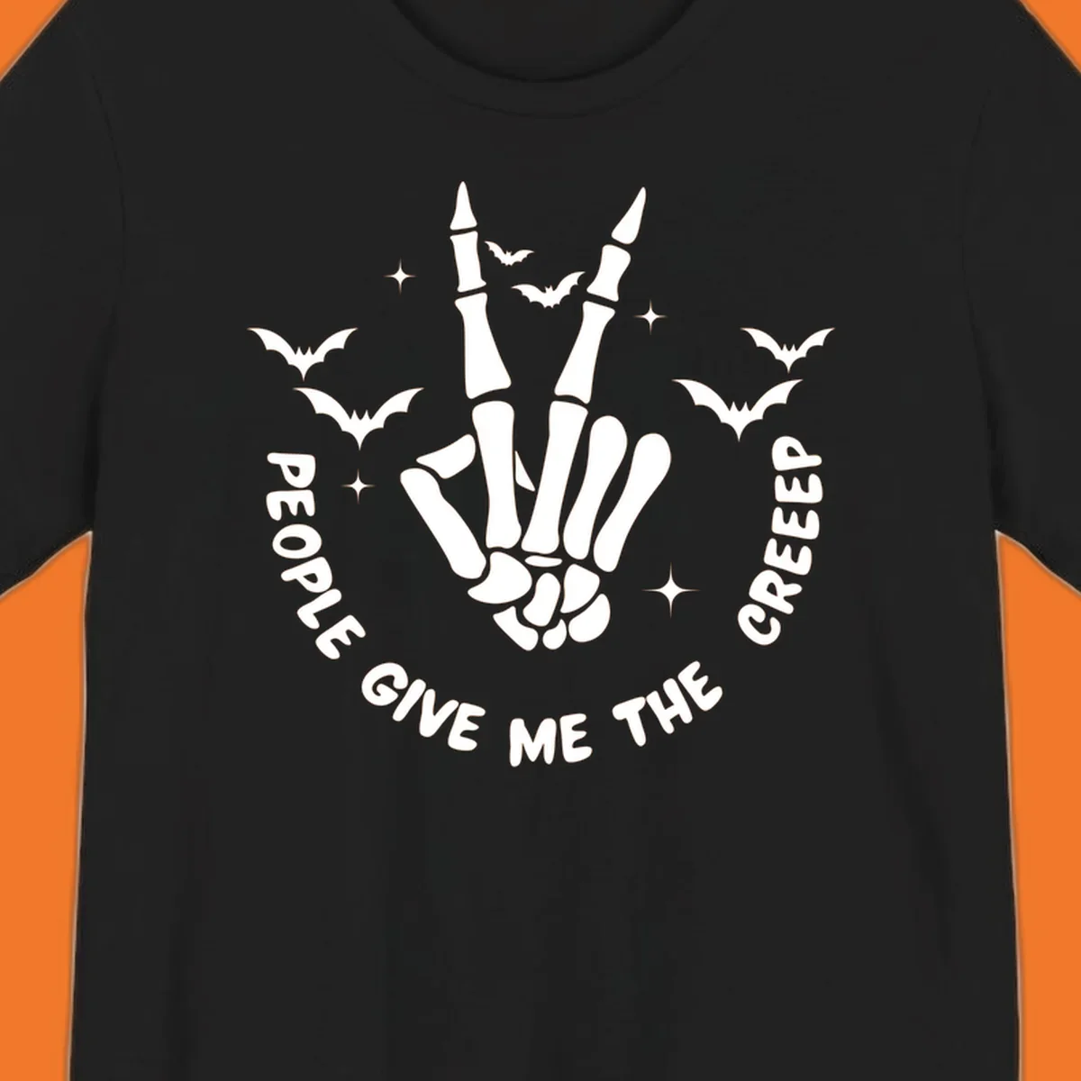 Skeleton hand peace sign with bats and text 'People Give Me The Creeper', Halloween creeper hand design.