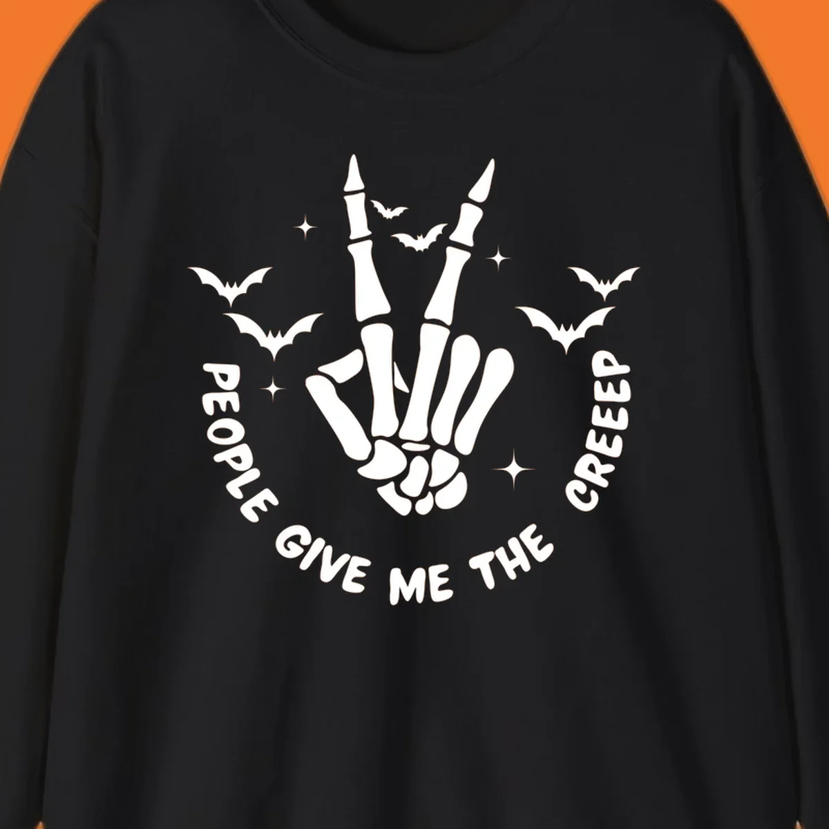 Skeleton hand peace sign with bats and text 'People Give Me The Creeper', Halloween creeper hand design.