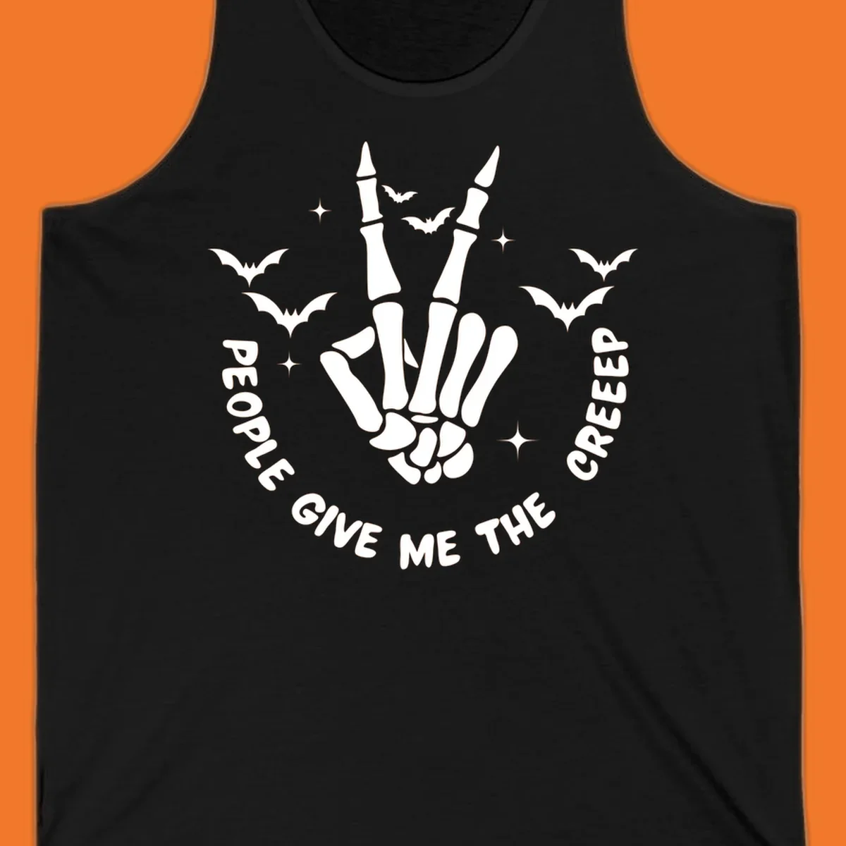 Skeleton hand peace sign with bats and text 'People Give Me The Creeper', Halloween creeper hand design.