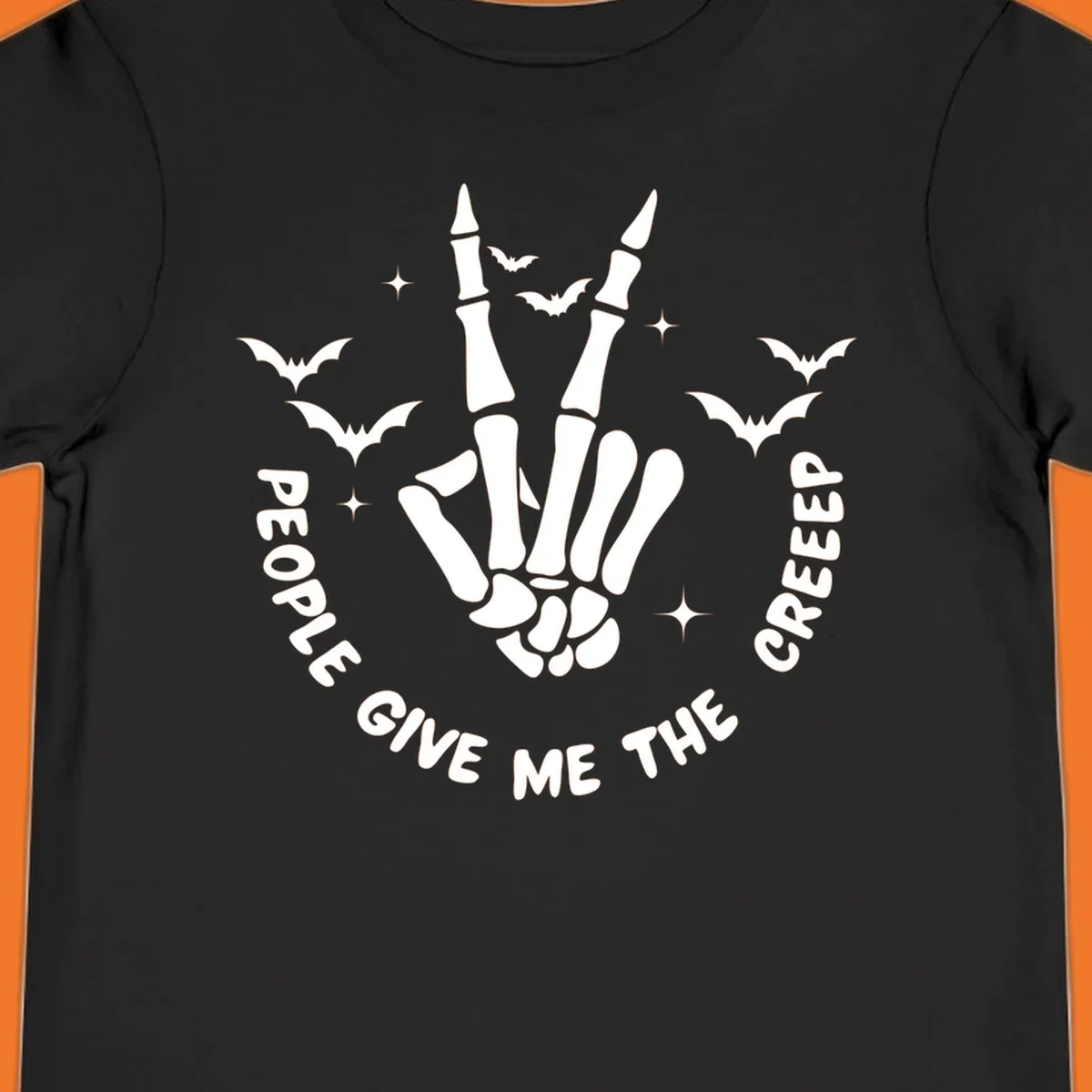 Skeleton hand peace sign with bats and text 'People Give Me The Creeper', Halloween creeper hand design.