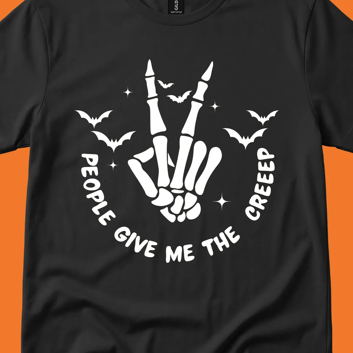 Skeleton hand peace sign with bats and text 'People Give Me The Creeper', Halloween creeper hand design.