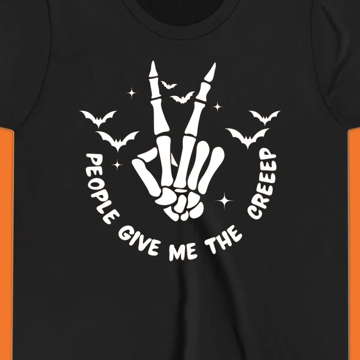 Skeleton hand peace sign with bats and text 'People Give Me The Creeper', Halloween creeper hand design.
