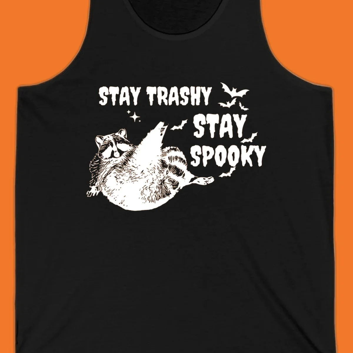 Trashy spooky raccoon illustration with bats and text for Halloween.
