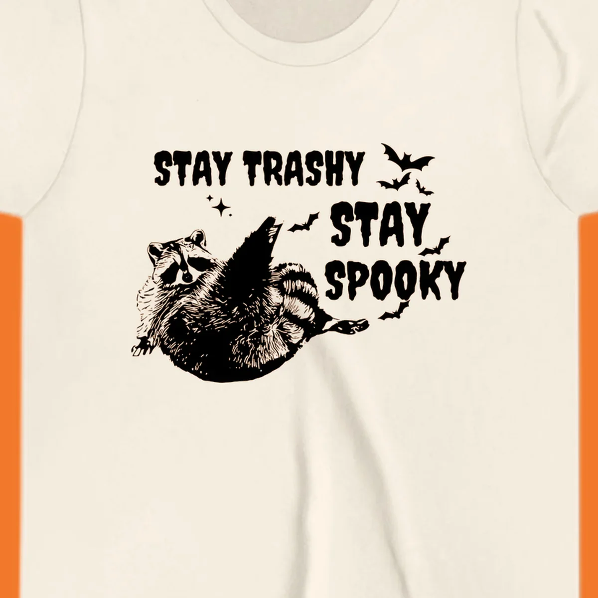 Trashy spooky raccoon illustration with bats and text for Halloween.