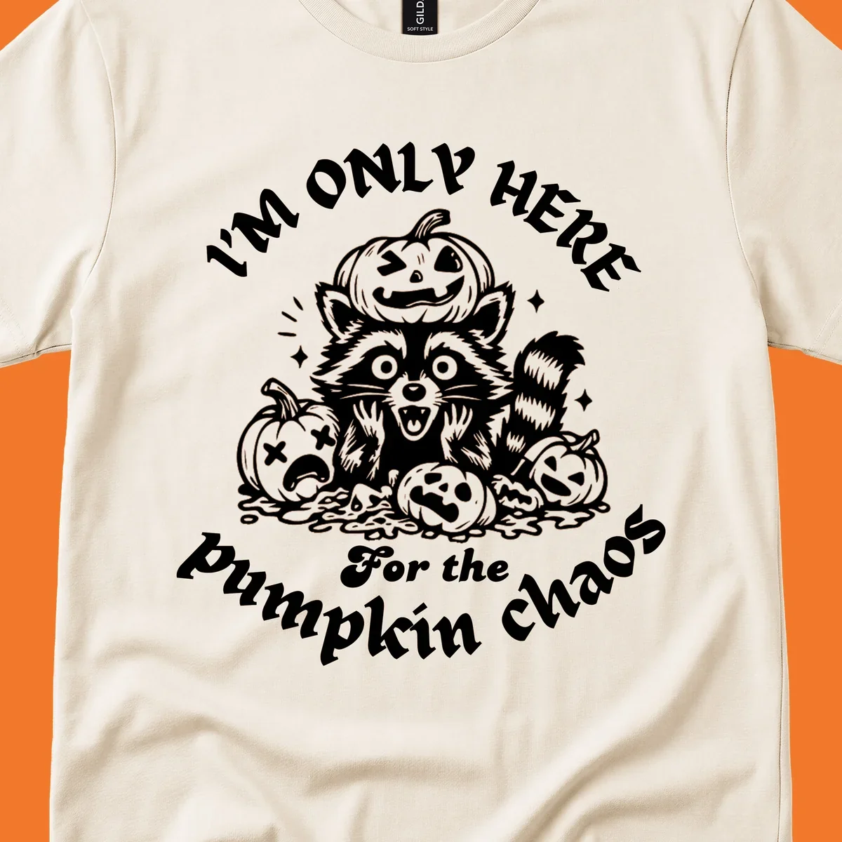 Illustration of a raccoon surrounded by pumpkins, text says 'I'm Only Here For The Pumpkin Chaos'.