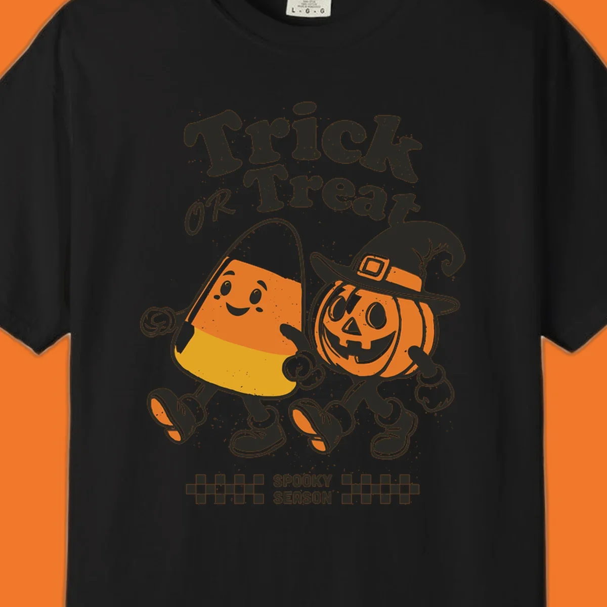 Trick or treat pals candy corn and pumpkin characters walking together, vintage style. Halloween design.