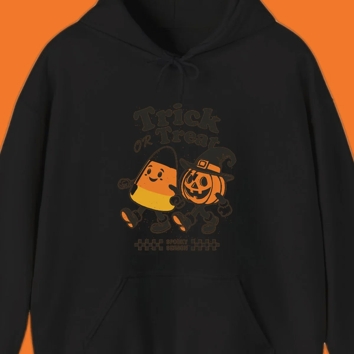 Trick or treat pals candy corn and pumpkin characters walking together, vintage style. Halloween design.