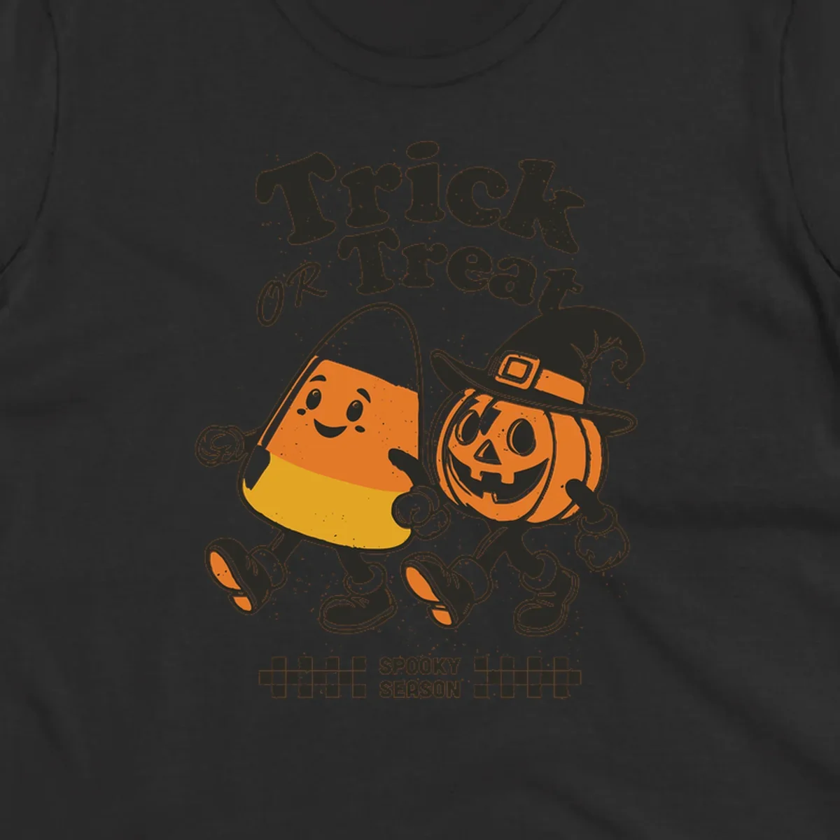Trick or treat pals candy corn and pumpkin characters walking together, vintage style. Halloween design.