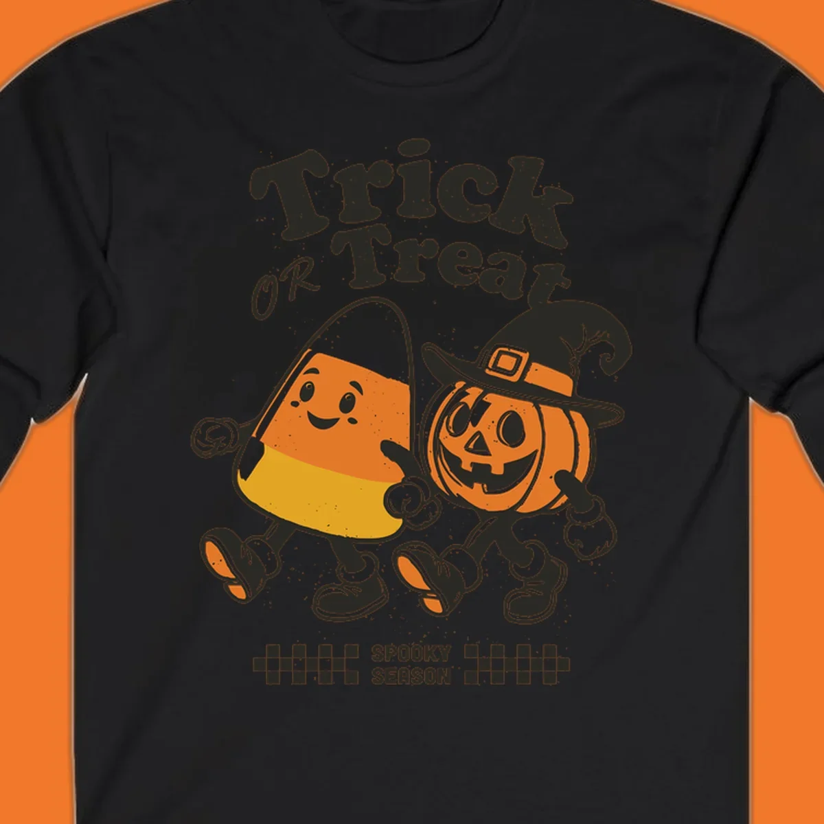 Trick or treat pals candy corn and pumpkin characters walking together, vintage style. Halloween design.
