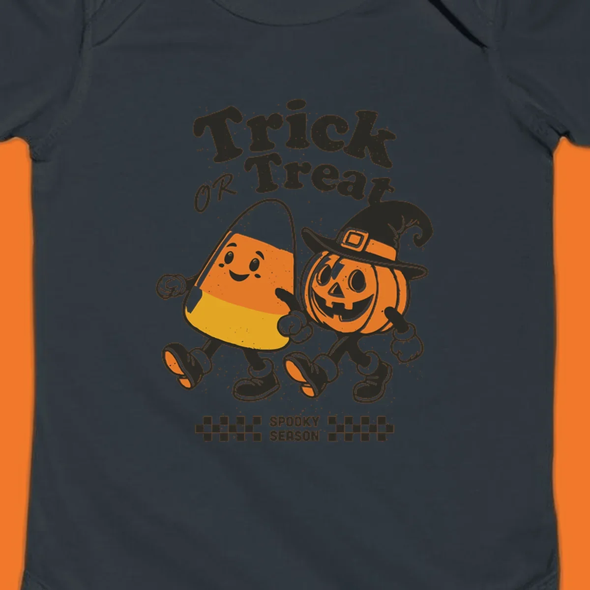 Trick or treat pals candy corn and pumpkin characters walking together, vintage style. Halloween design.