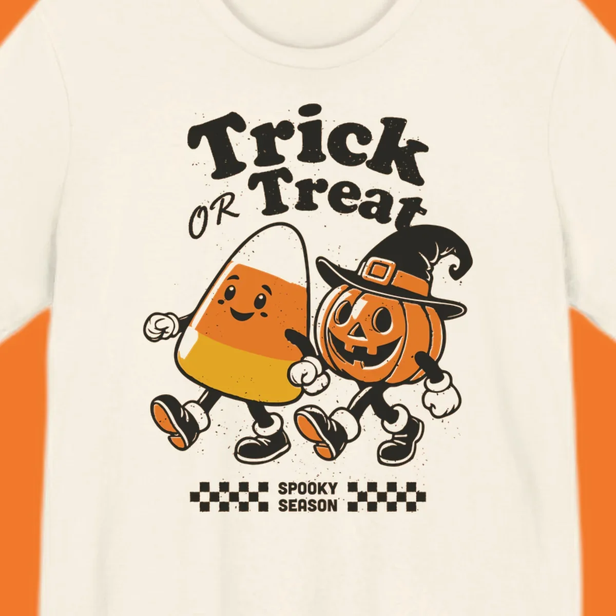 Trick or treat pals candy corn and pumpkin characters walking together, vintage style. Halloween design.