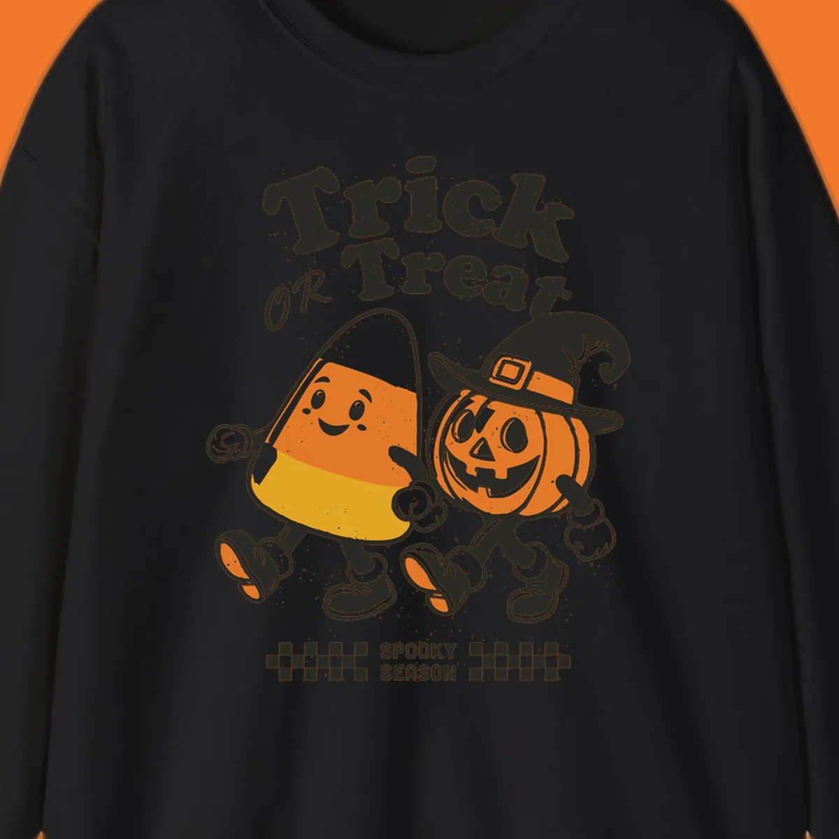 Trick or treat pals candy corn and pumpkin characters walking together, vintage style. Halloween design.