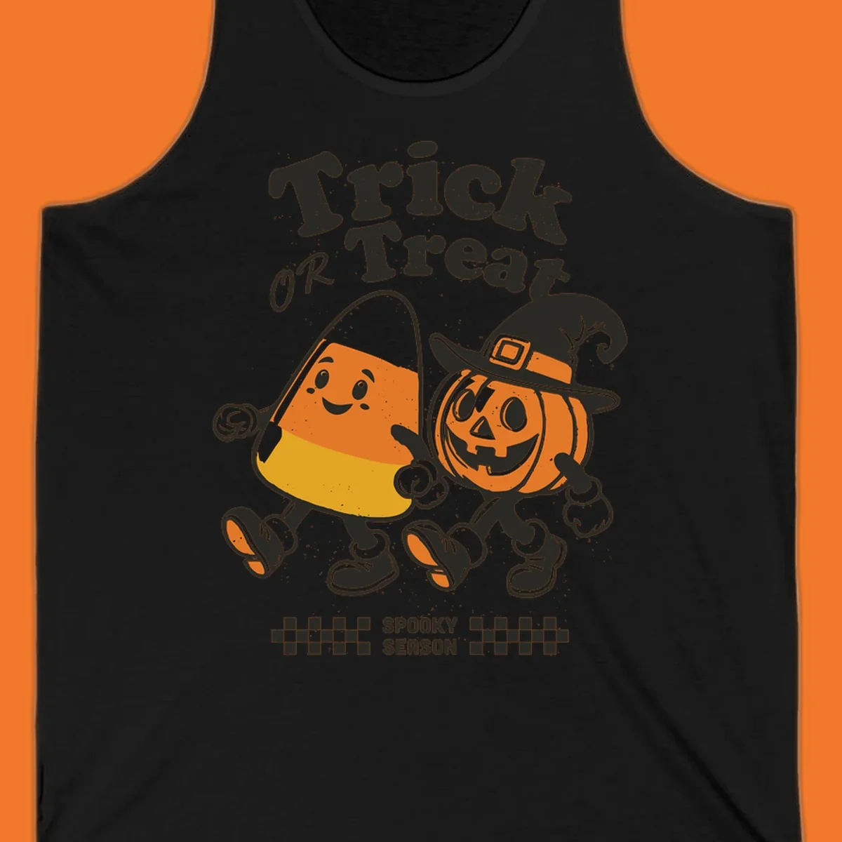 Trick or treat pals candy corn and pumpkin characters walking together, vintage style. Halloween design.