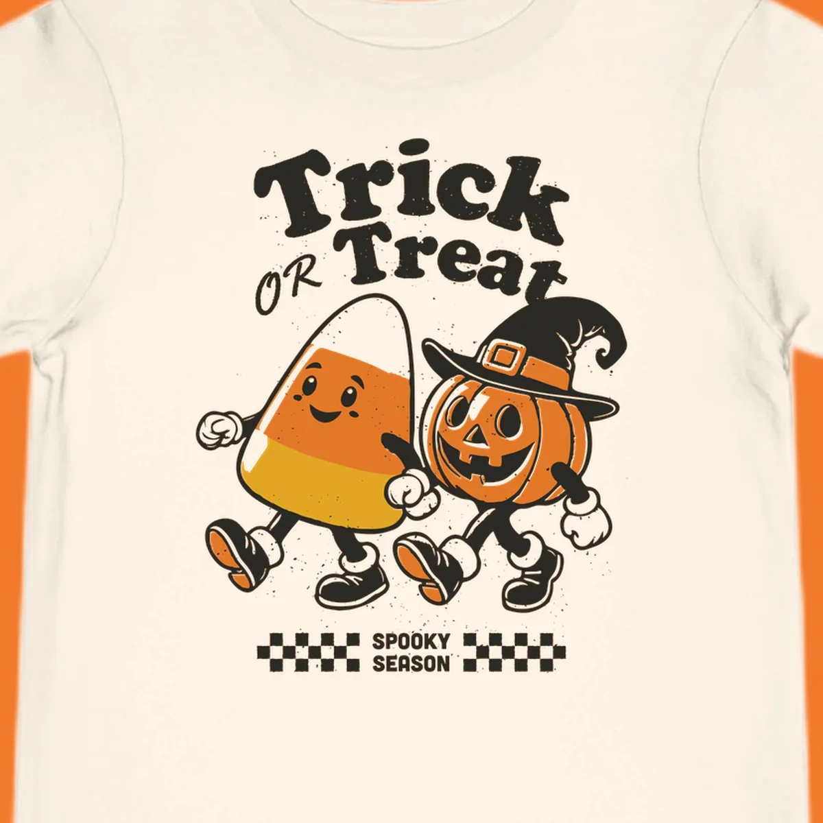 Trick or treat pals candy corn and pumpkin characters walking together, vintage style. Halloween design.