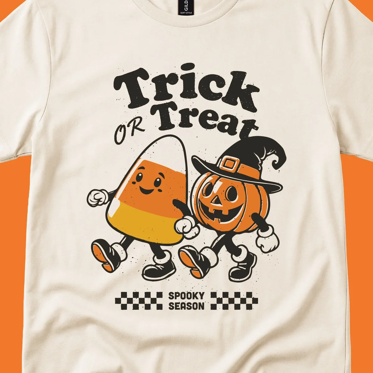 Trick or treat pals candy corn and pumpkin characters walking together, vintage style. Halloween design.
