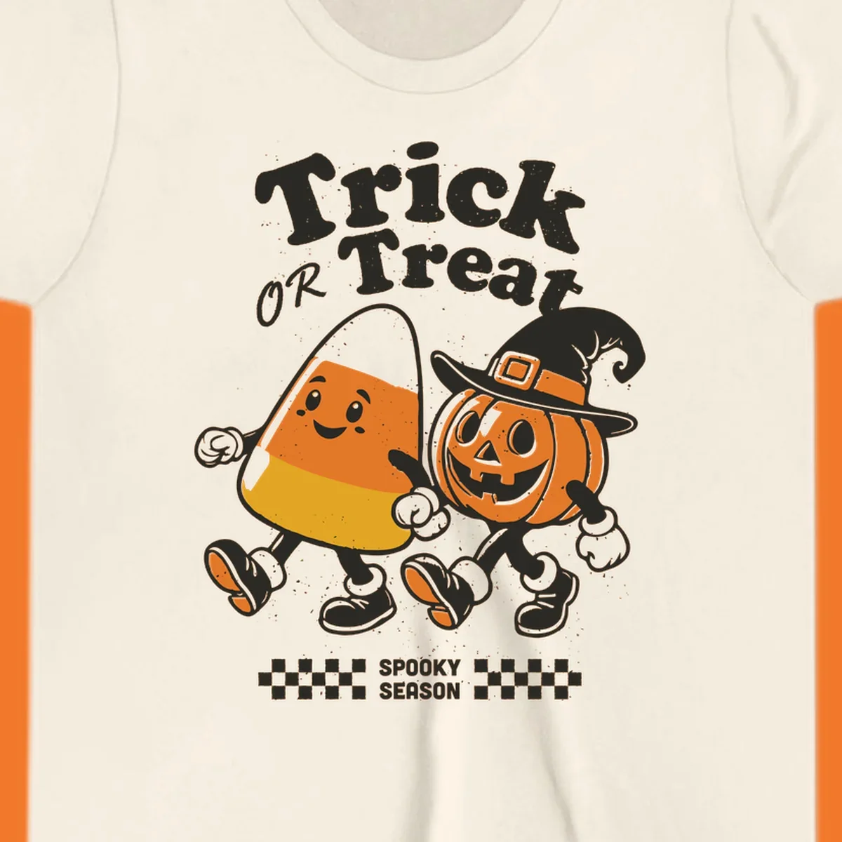 Trick or treat pals candy corn and pumpkin characters walking together, vintage style. Halloween design.