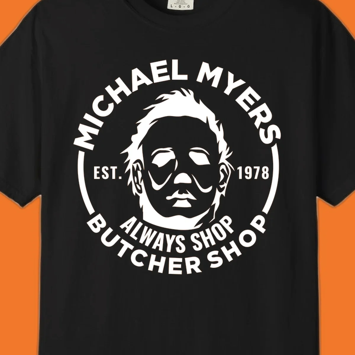 Michael Myers butcher shop logo with mask and text. michael-myers-butcher-shop.