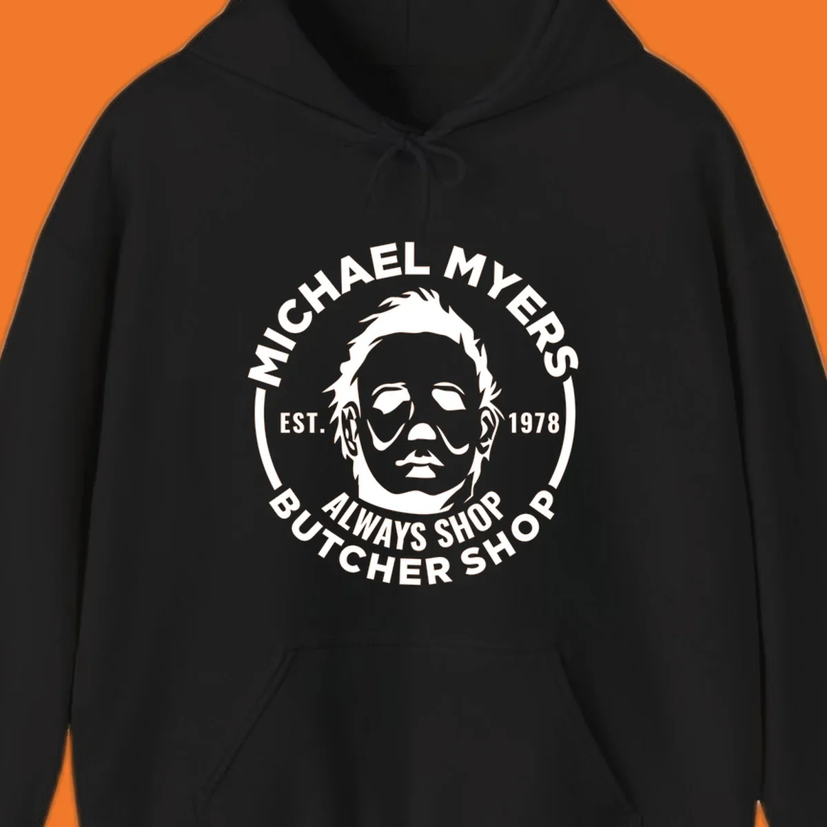 Michael Myers butcher shop logo with mask and text. michael-myers-butcher-shop.