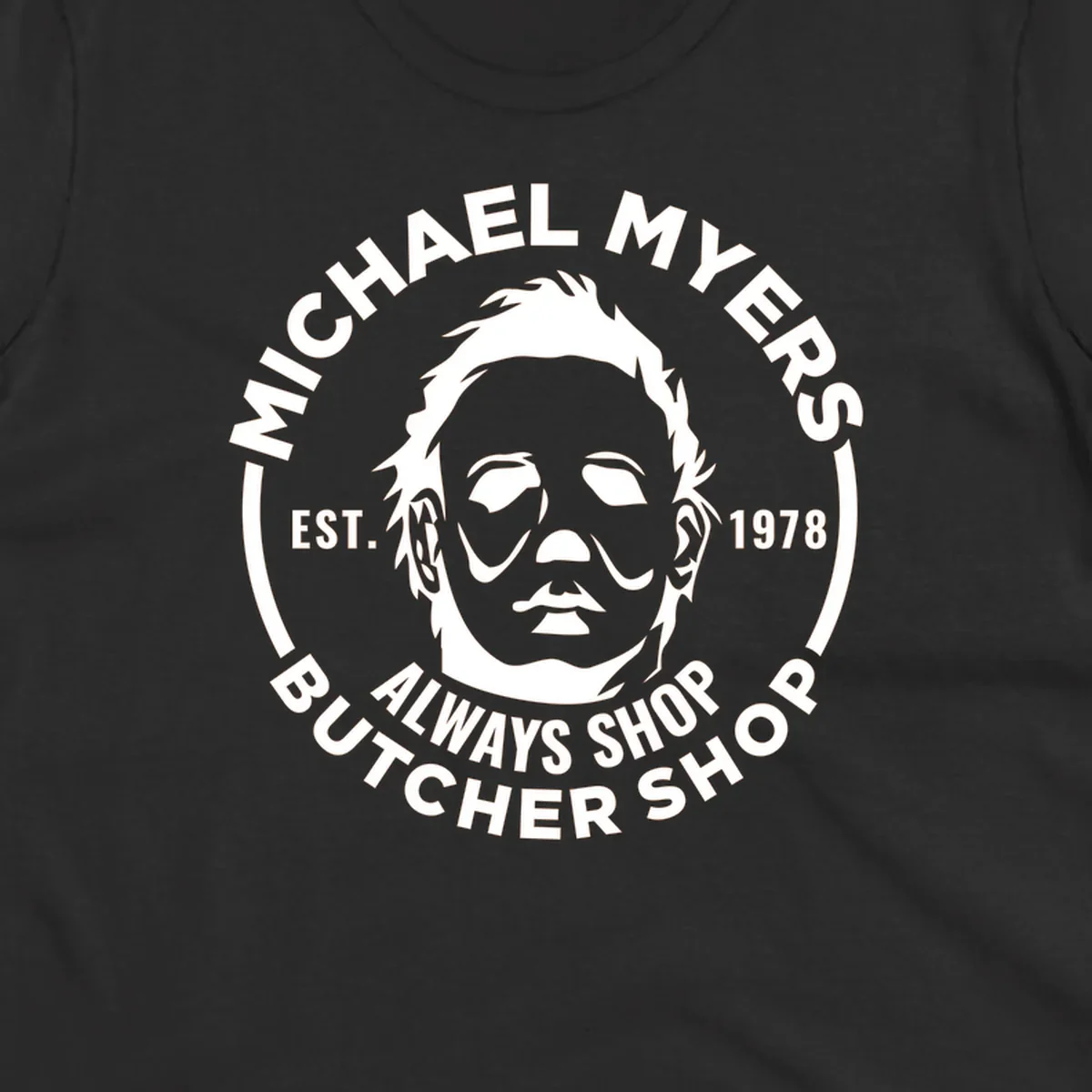Michael Myers butcher shop logo with mask and text. michael-myers-butcher-shop.
