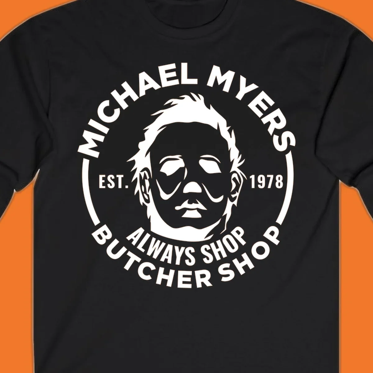 Michael Myers butcher shop logo with mask and text. michael-myers-butcher-shop.