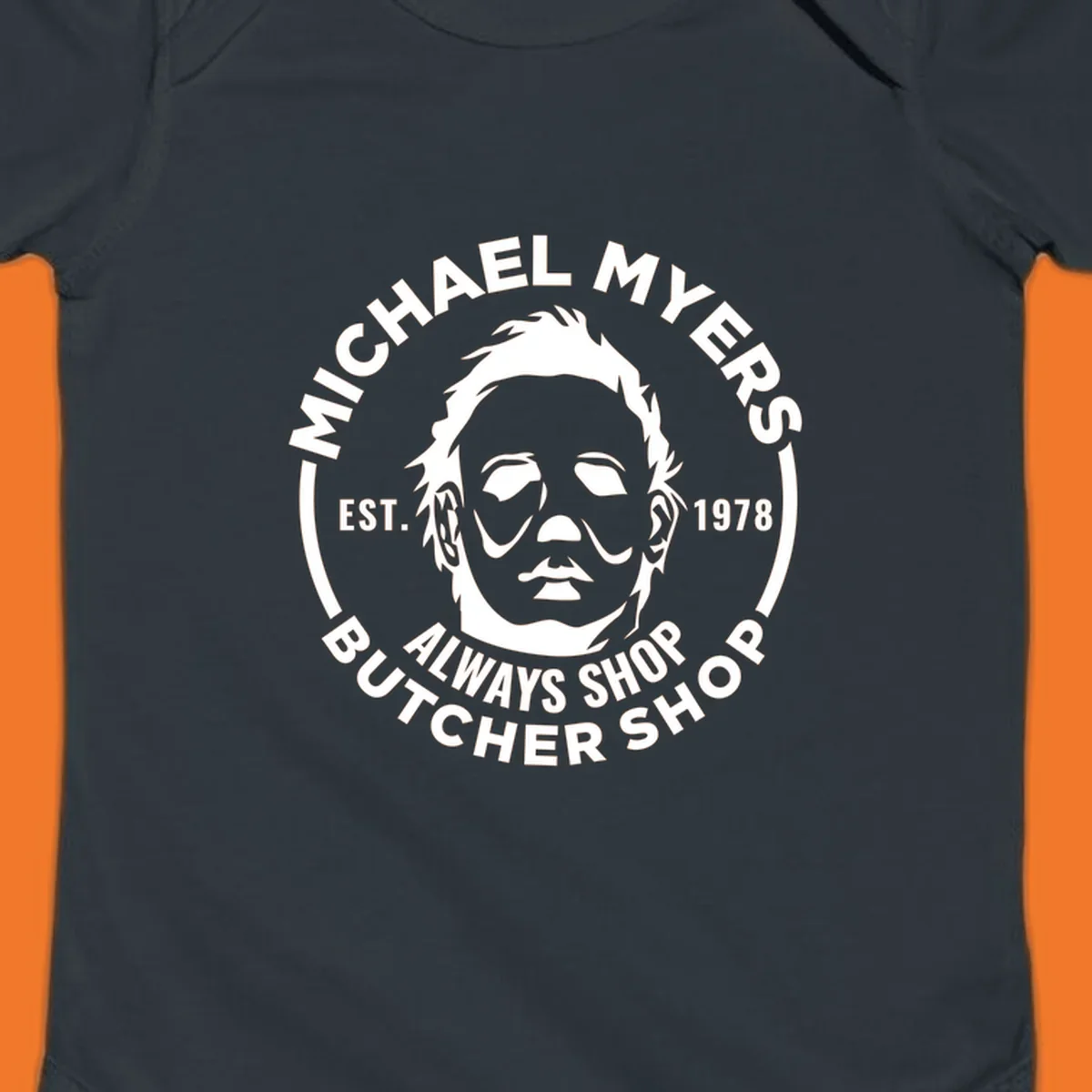 Michael Myers butcher shop logo with mask and text. michael-myers-butcher-shop.