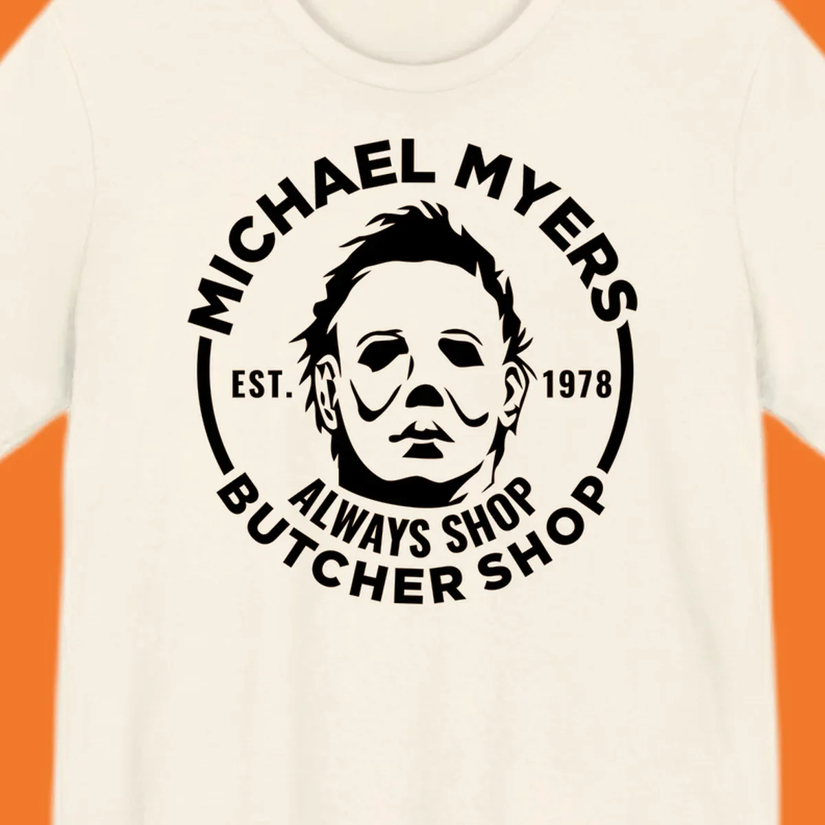 Michael Myers butcher shop logo with mask and text. michael-myers-butcher-shop.