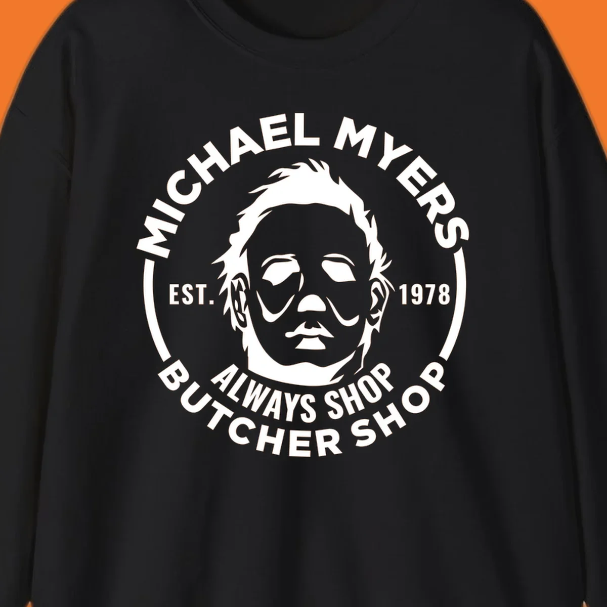 Michael Myers butcher shop logo with mask and text. michael-myers-butcher-shop.