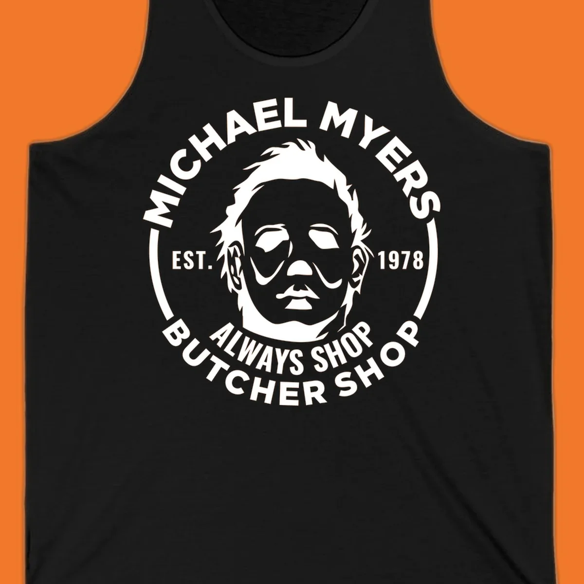 Michael Myers butcher shop logo with mask and text. michael-myers-butcher-shop.