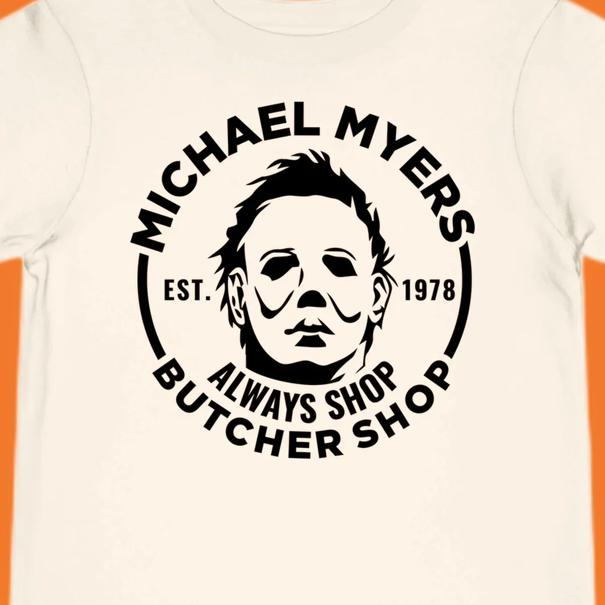 Michael Myers butcher shop logo with mask and text. michael-myers-butcher-shop.